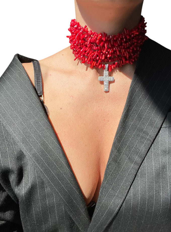 Чокер червоний корал з хрестом SMART JEWELRY (SJ_022)