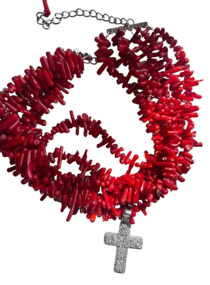Чокер червоний корал з хрестом SMART JEWELRY (SJ_022)