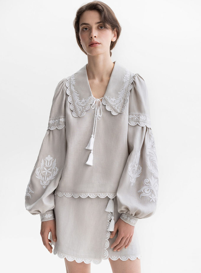 Лляна блуза сірого кольору вишивкою Нова Каховка ETNODIM (ETN_kakhovka)