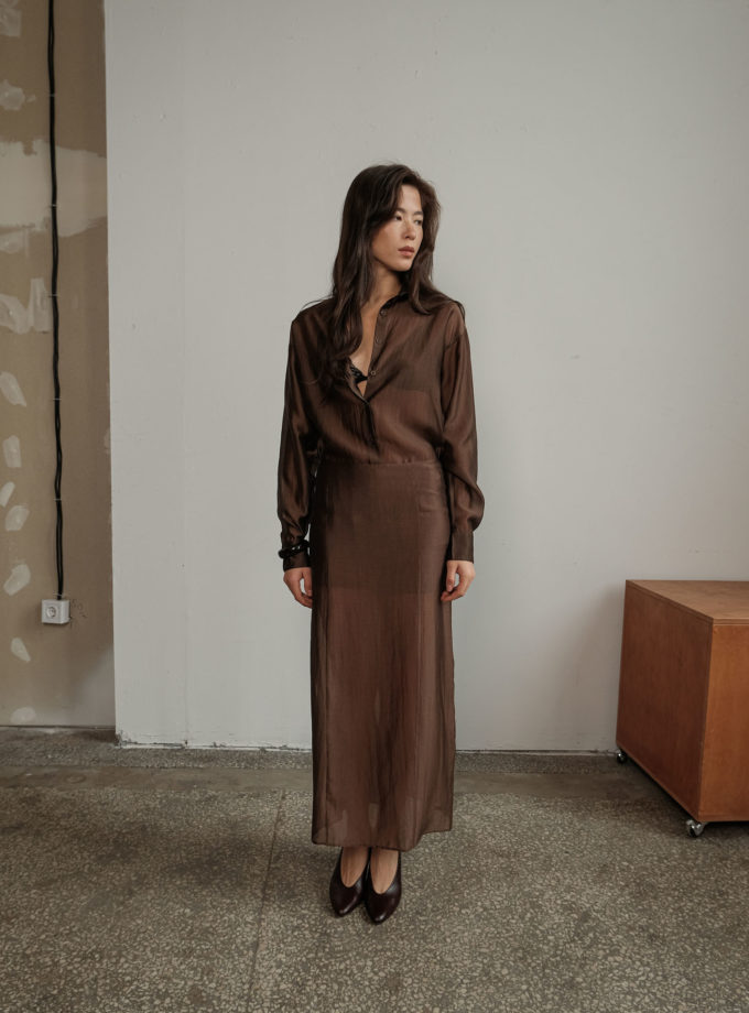 Спідниця максі напівпрозора з тенселу шоколадна THE LACE (TLA_00003315)