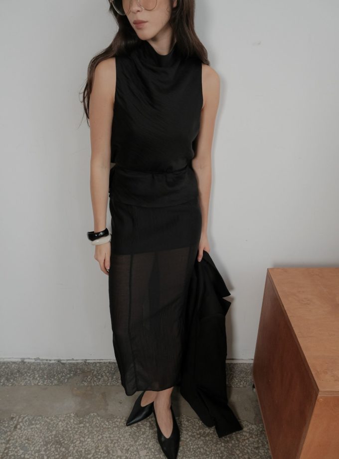 Спідниця максі напівпрозора з тенселу чорна THE LACE (TLA_00003643)