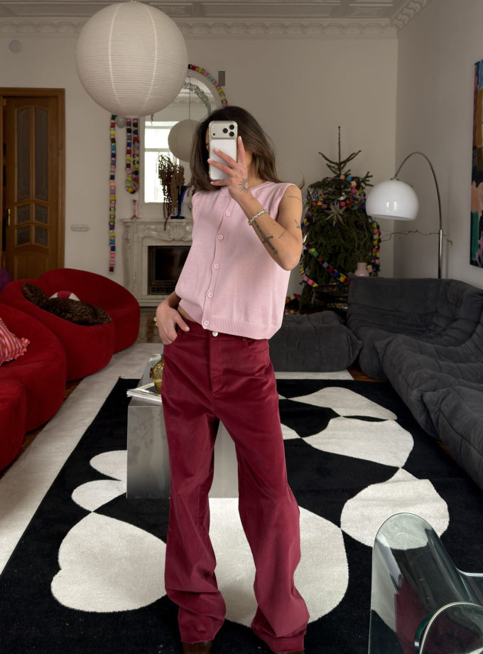 Брюки вільного крою з вельвету бордові THE LACE (TLA_00003810)