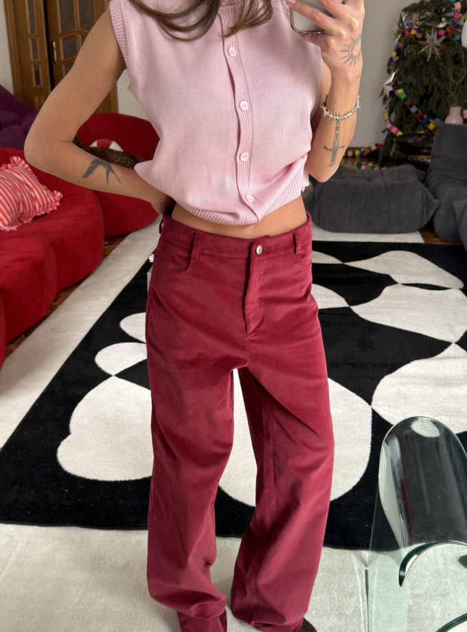 Брюки вільного крою з вельвету бордові THE LACE (TLA_00003810)