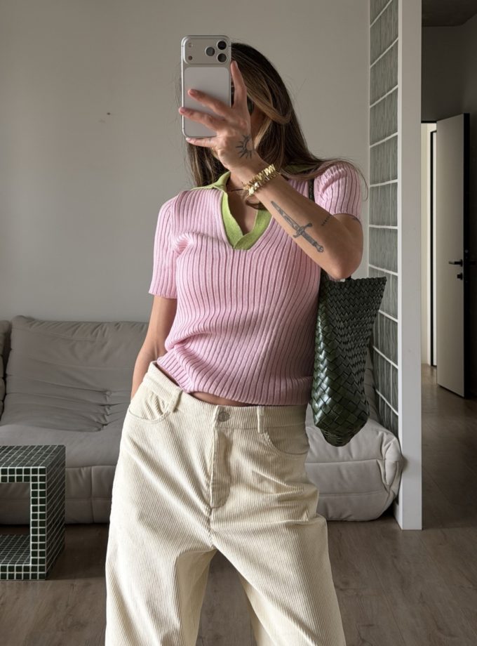 Жiночий джемпер поло рожевий з салатовою вставкою THE LACE (TLA_00003866)