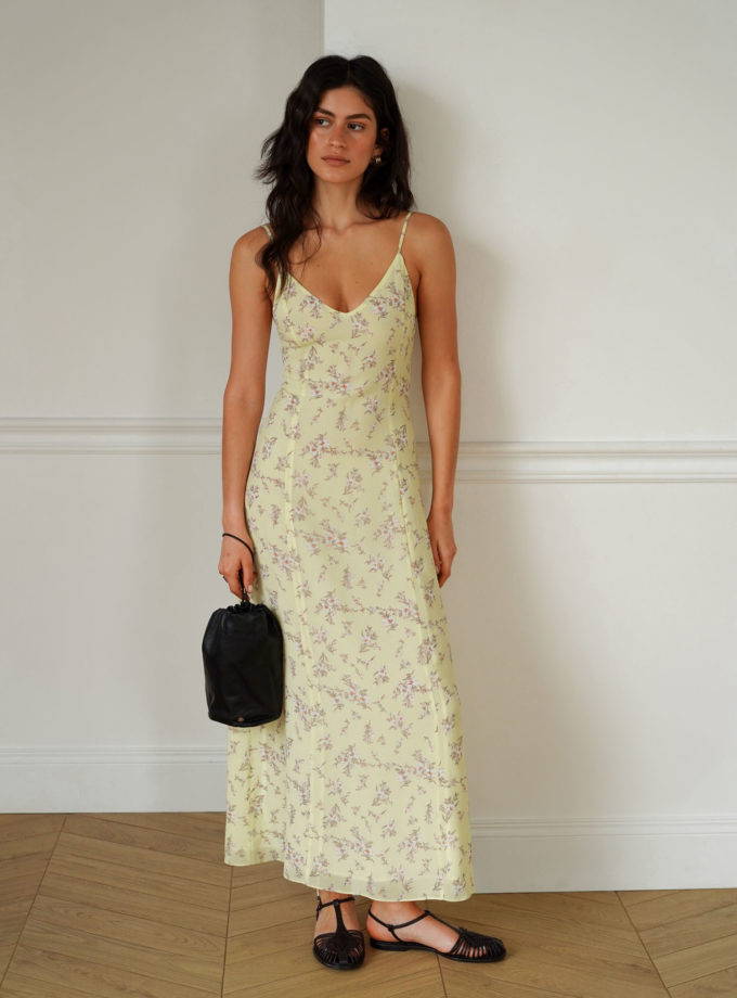 Сукня максі шифонова на тонких бретелях з принтом світло-лимонна THE LACE (TLA_00003255)