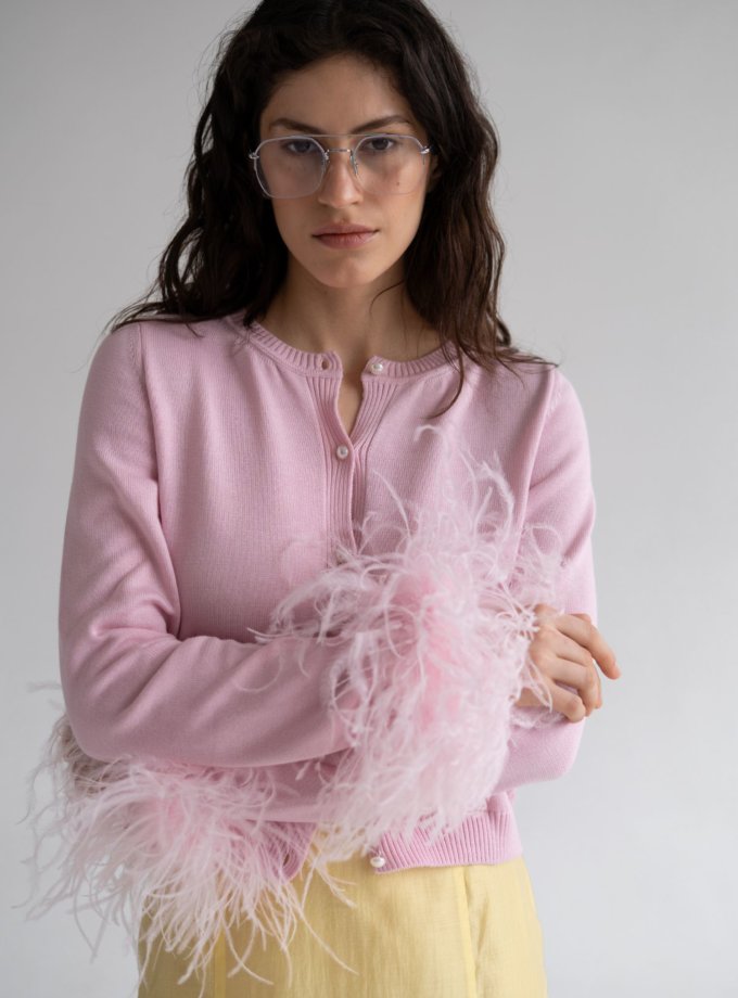 Трикотажний кардиган з круглим вирізом та пір'ям рожевий THE LACE (TLA_00003899)